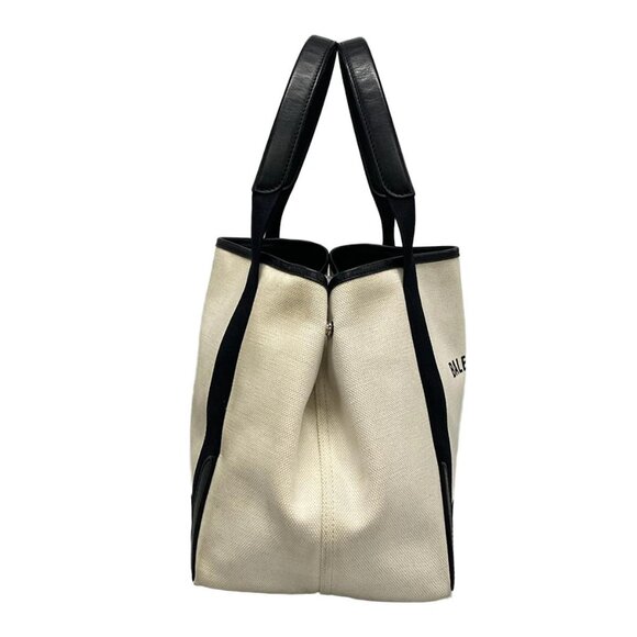 Auth BALENCIAGA Navy Cabas S 339933 Cream Black Canvas Leather Tote Bag - Picture 3 of 16